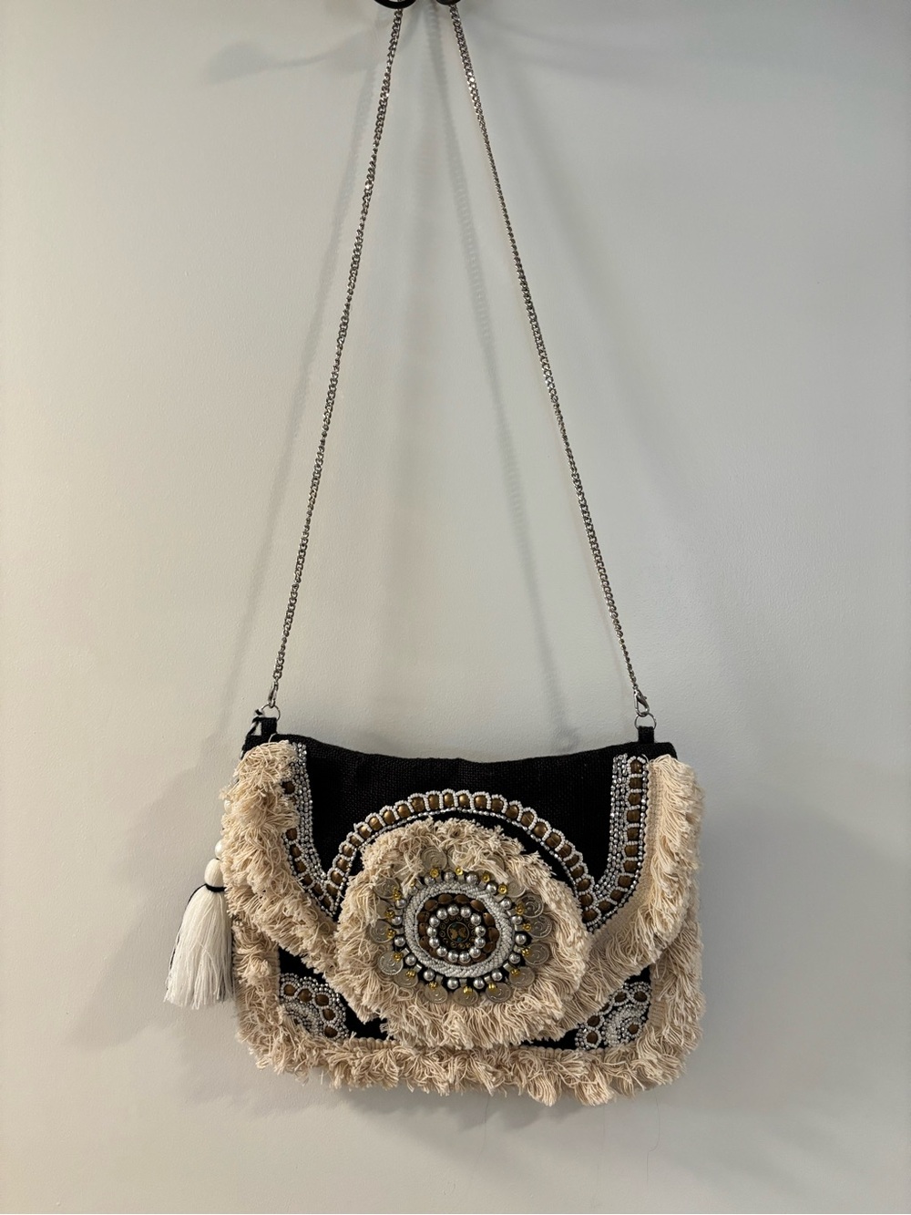 Embellished Fringe Shoulder Bag in Black and Cream
